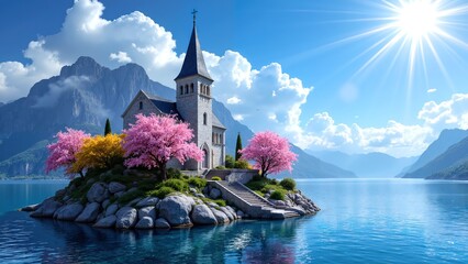 Serene Church on Island Surrounded by Vibrant Blossom Trees