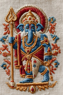 Bordado de Ganesha en tela de lino, Detalle de bordado hind&uacute; de Ganesha, Dise&ntilde;o textil &eacute;tnico para marca espiritual
