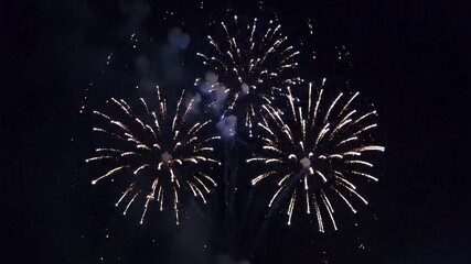 Bright golden fireworks exploding in dark night sky, capturing celebration, joy, energy, and festive atmosphere perfect for holiday, party, and New Year design inspiration