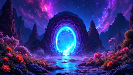 Vibrant Cosmic Portal Surrounded by Lush Flora and Serene Waters