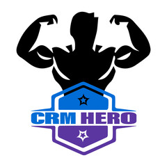 Dynamic crm hero branding logo illustration featuring strongman silhouette flexing biceps arms atop modern shield design with bold typography representing power resilience and customer