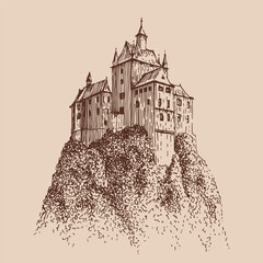 Castle on cliff. Hand drawn vector illustration.