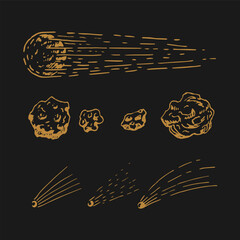 Set of meteor, asteroids. Hand drawn vector illustration.