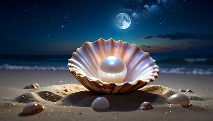 A luminous pearl rests within an open seashell on a sandy beach under a starry night sky with a full moon.