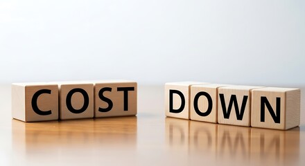 Wooden blocks spelling out the phrase cost down on a reflective wooden surface against white