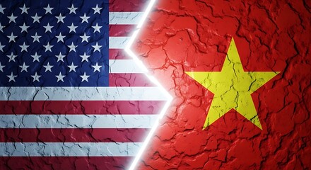 Conceptual division symbolizing diplomatic tension between the United States and Vietnam flags prominently displayed