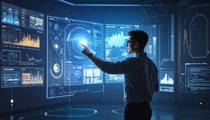 Man Interacting with Futuristic Holographic Display in a High-Tech Control Room.