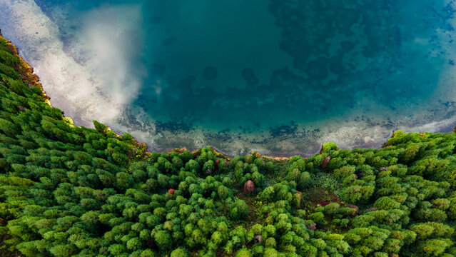 Aerial lake view, in Sete Cidades, traveling Sao Miguel, Azores islands.