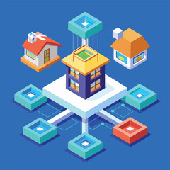 Isometric illustration of connected houses and buildings with a network of platforms