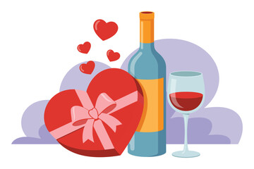 heart shaped box of chocolates sits next to a bottle of wine and a glass, a top ranked romantic illustration symbolizing love, valentine celebration, fine dining, and elegant date night concepts.