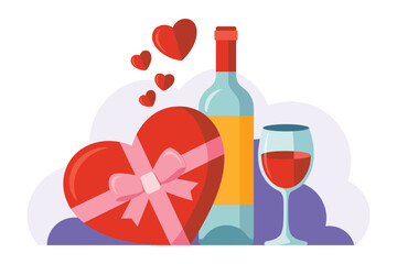 heart shaped box of chocolates sits next to a bottle of wine and a glass, a premium ranked vector concept representing romance, luxury gifts, valentine themes, and intimate celebration design ideas.
