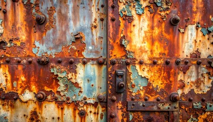 Close-up of a heavily rusted metal surface with peeling paint and visible rivets.