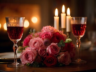 A romantic evening setup with a bouquet of vibrant roses, flickering candlelight, and two glasses of red wine