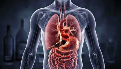 Human body showing internal organs such as lung, heart, and digestive system. Concept of anatomy, health, disease, and the effect of lifestyle.