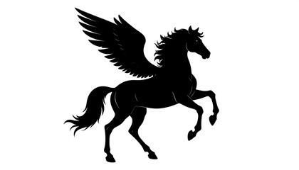 A silhouette of a mythological creature. It is a powerful equine figure with large, feathered wings, rising on its hind legs