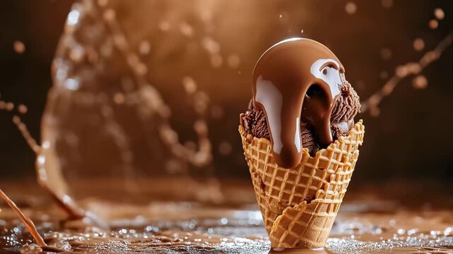Chocolate ice cream in waffle cone splashing, Chocolate ice cream in a waffle cone splashes, with creamy droplets contrasting against a pale surface