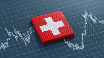 Swiss flag symbol on a grid background representing finance trends, investment analysis, and economic stability in Switzerland's banking sector.
