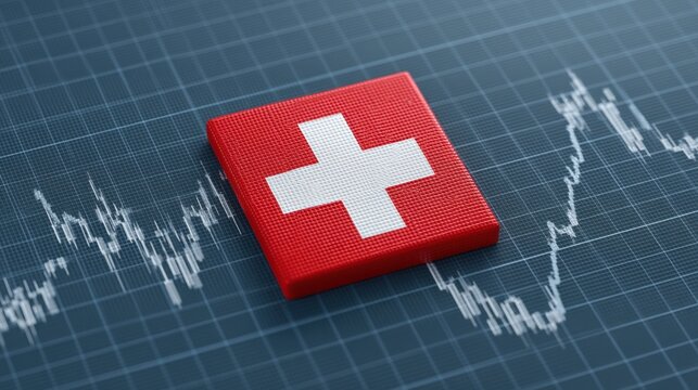 Swiss flag symbol on a grid background representing finance trends, investment analysis, and economic stability in Switzerland's banking sector. - Powered by Adobe
