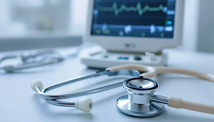 Stethoscope and medical monitor with heart rate display. Healthcare equipment for diagnosis and patient care. Cardiology and emergency concept.