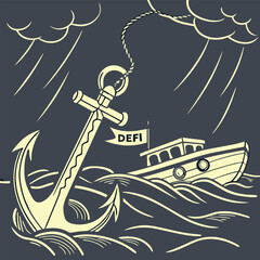 A weathered anchor and small boat navigate a stormy sea with a defi flag