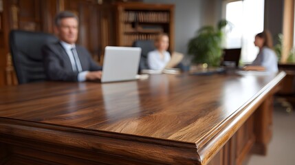 Business professionals collaborate around a polished wooden executive desk in a modern office setting