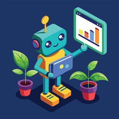 A charming teal robot happily analyzes data displayed on a tablet and screen with plants