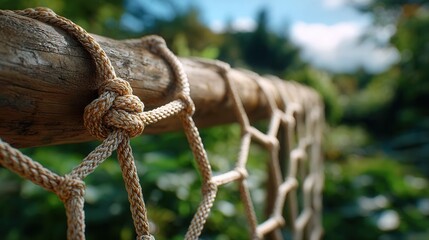 Rustic wooden railing with secure rope netting outdoors