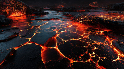 Molten Lava Texture Background. Burning Floor - Armageddon or Hell Concept.  3D Render. 3D Illustration.