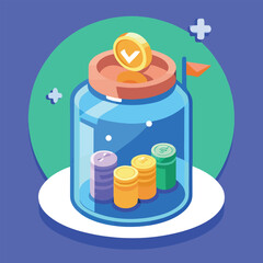 A colorful illustration depicts a glass jar filling with coins and a checkmark
