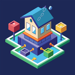 Isometric illustration of a colorful modern house with geometric shapes and a playful design