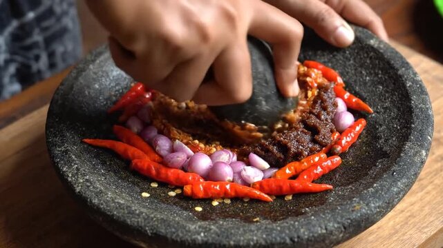 Spicy Sambal Preparation: Traditional Indonesian Cooking