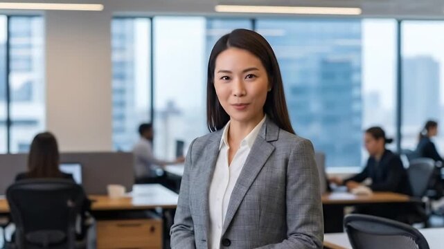 Professional woman standing in a modern office with natural light