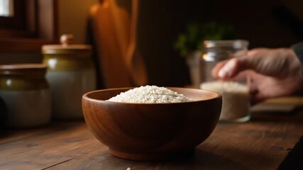 Rice grains falling into wooden bowl food preparation