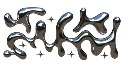 3D Chrome Liquid Fluid Abstract Metallic Shapes with Star Elements on Transparent Background for...