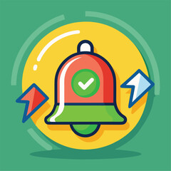 Colorful illustration of a notification bell with a checkmark and arrows on a yellow background