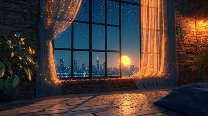 Cozy urban loft with city skyline view at sunset