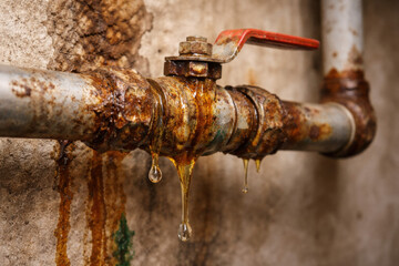 Rusty metal pipe with ball valve and corrosion stains highlights need for urgent plumbing repair and maintenance in old buildings.