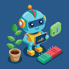 A friendly cartoon robot presenting data analysis with a plant and building blocks
