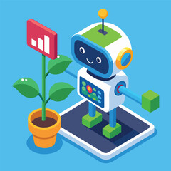 A charming robot tending to a growing plant on a digital device