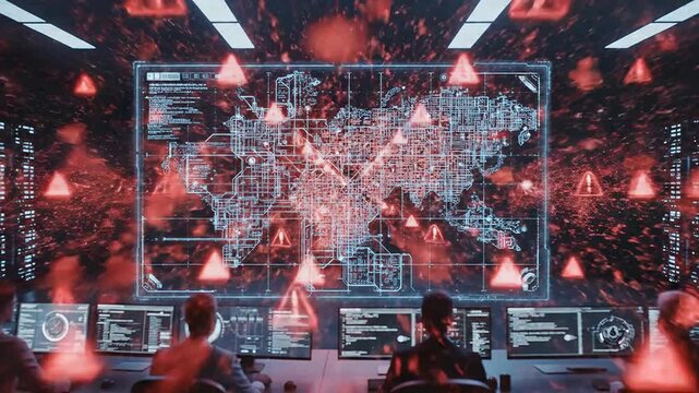 High-Tech Command Center Analysis of Global Map Indicating Various Threats with Alert Signals in a Futuristic Environment