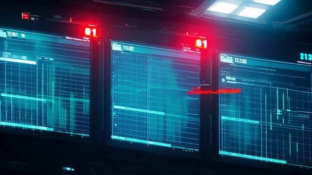 High-Tech Control Room Displays Real-Time Data Monitoring with Graphs and Statistics on Screens, Highlighting an Advanced Digital Environment in Action