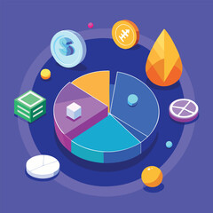 Financial growth and investments illustrated with coins charts and colorful geometric shapes