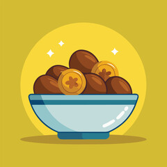 A delightful illustration of chocolate eggs and golden coins in a light blue bowl