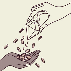 A hand pours coins from a diamond shaped container into another outstretched hand