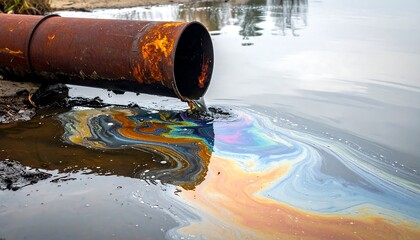Pollution from a rusty pipe contaminating a body of water with oil slick.