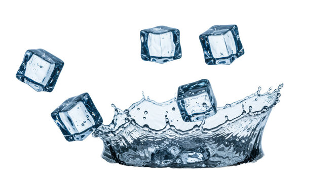 Crystal-clear cubical blue ice pieces, mid-air and mid-splash, macro shot with hard backlighting on a transparent background, dynamic liquid trails, hyper-real refreshment concept