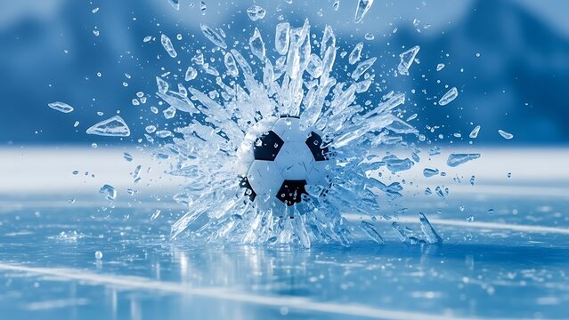 Soccer ball exploding through ice with shards flying in all directions