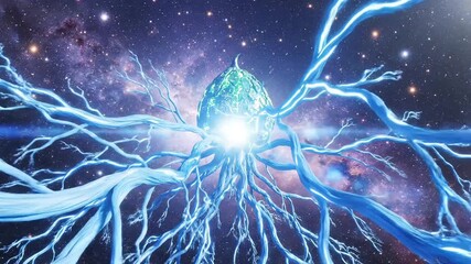 Futuristic green planet with cityscape floating in space