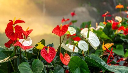 Vibrant Red and White Anthurium Flowers Blooming in a Garden.