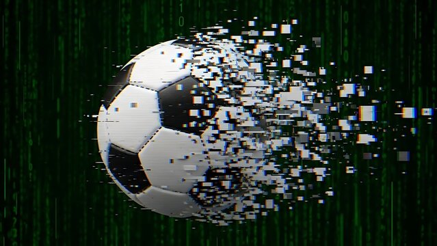 Soccer ball pixel disintegration with digital glitches background